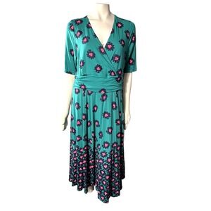 Boden Kassidy Jersey Knit Midi Floral Print Faux Wrap Dress Size 16/18L‎ Retro